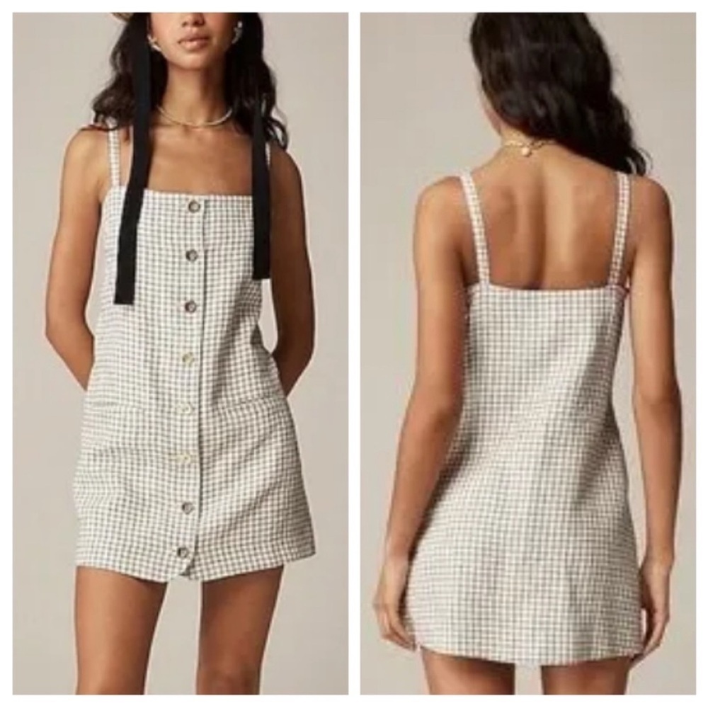 NWT J. Crew Claudia dress in plaid linen black white size large